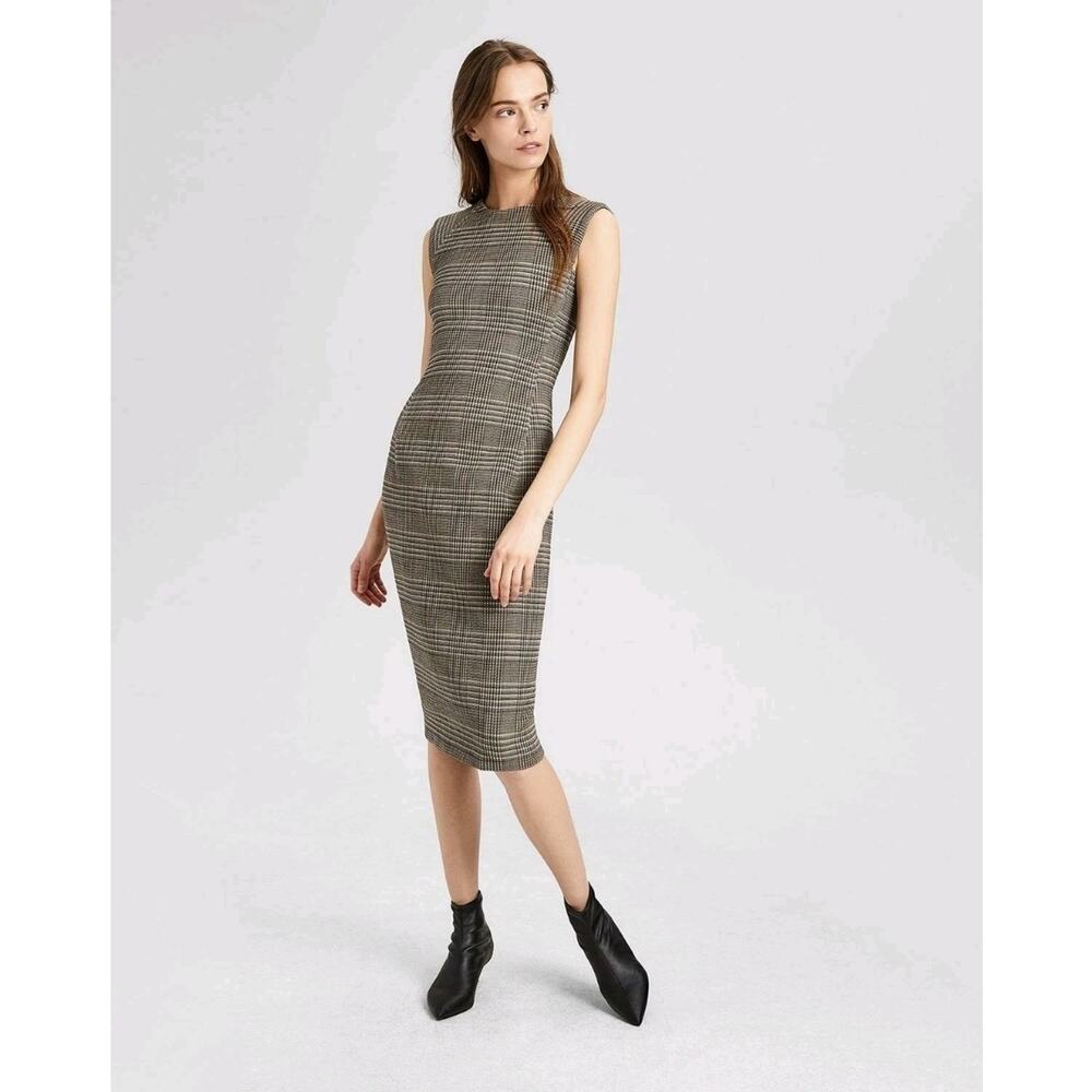 Theory Power Wool Black Plaid Midi Dress 6